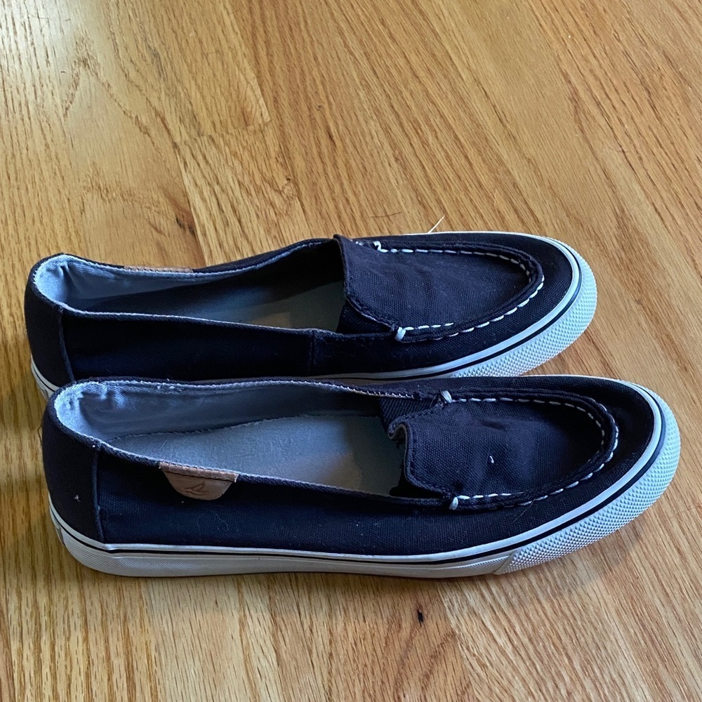 Sperry Black Canvas Loafers with White Trim - Picture 3 of 6